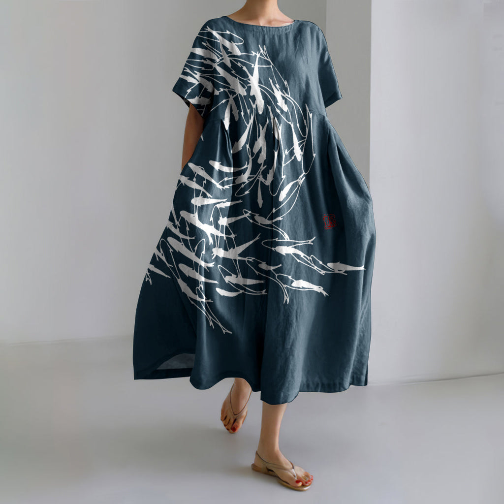 Comstylish Japanese Art Vintage Sea World Flock Of Fish Print Casual Art Linen Blend Maxi Dress