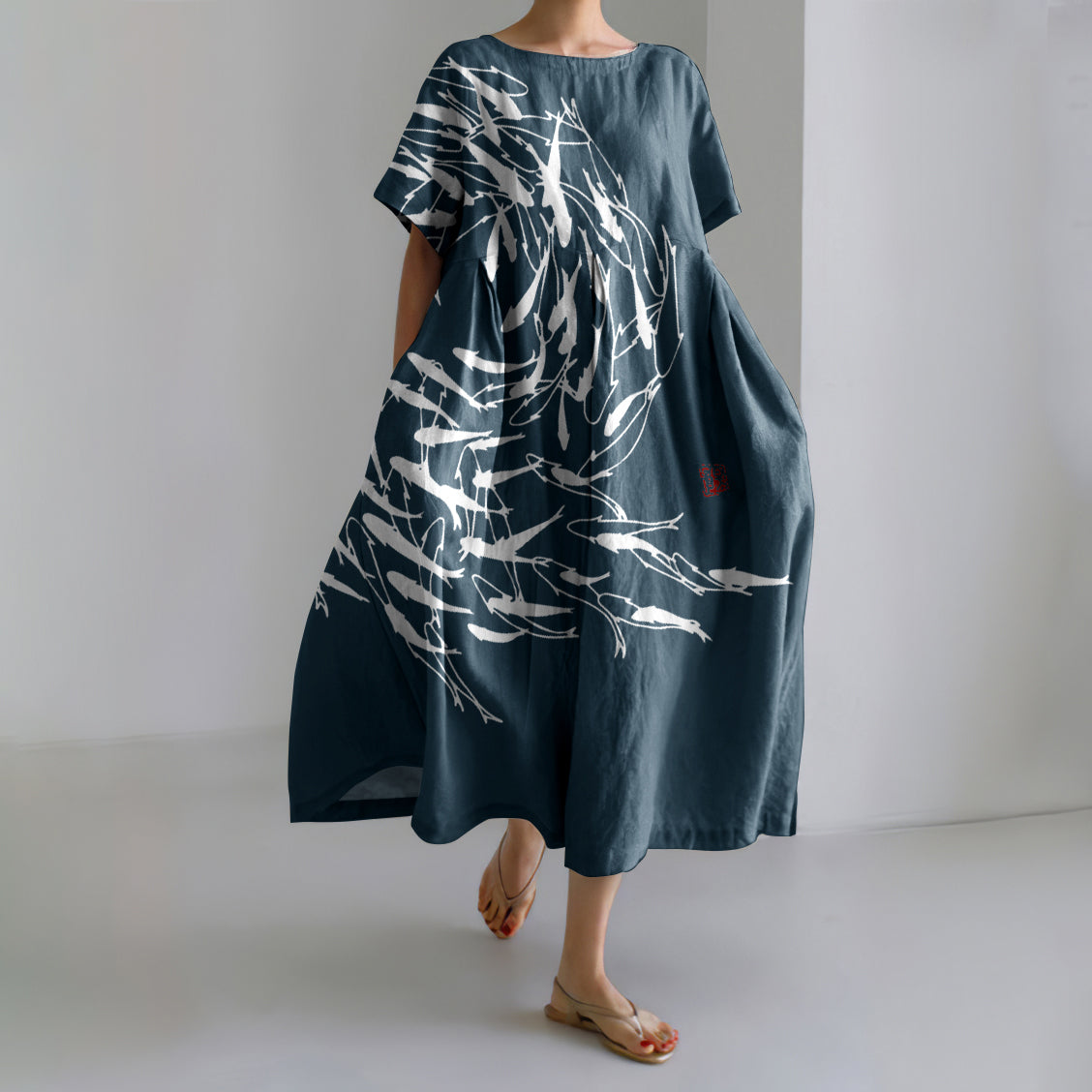 Comstylish Japanese Art Vintage Sea World Flock Of Fish Print Casual Art Linen Blend Maxi Dress