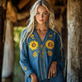 Ukraine Sunflower Embroidery Blend Linen V Neck Loose Blouse artswardrobe