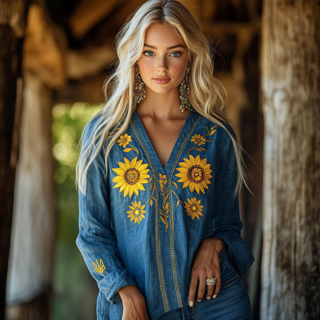 Ukraine Sunflower Embroidery Blend Linen V Neck Loose Blouse artswardrobe