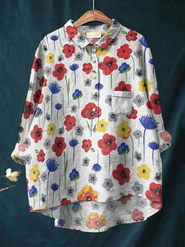Comstylish Vintage Floral Art Print Casual Cotton Linen Shirt