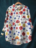 Comstylish Vintage Floral Art Print Casual Cotton Linen Shirt