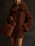 Brown Ribbed Knit Dress With Faux Fur Collar