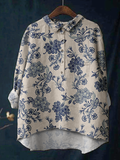 Women's Flower Print Casual Cotton And Linen Shirt