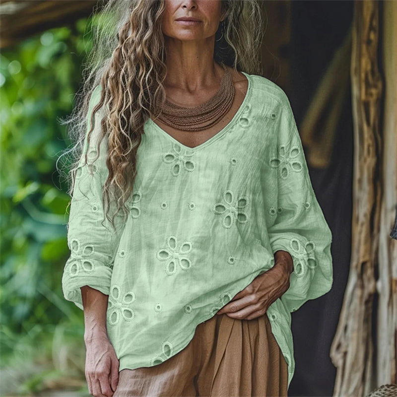Floral Hollow Lace Embroidered Flowy Linen Tunic artswardrobe