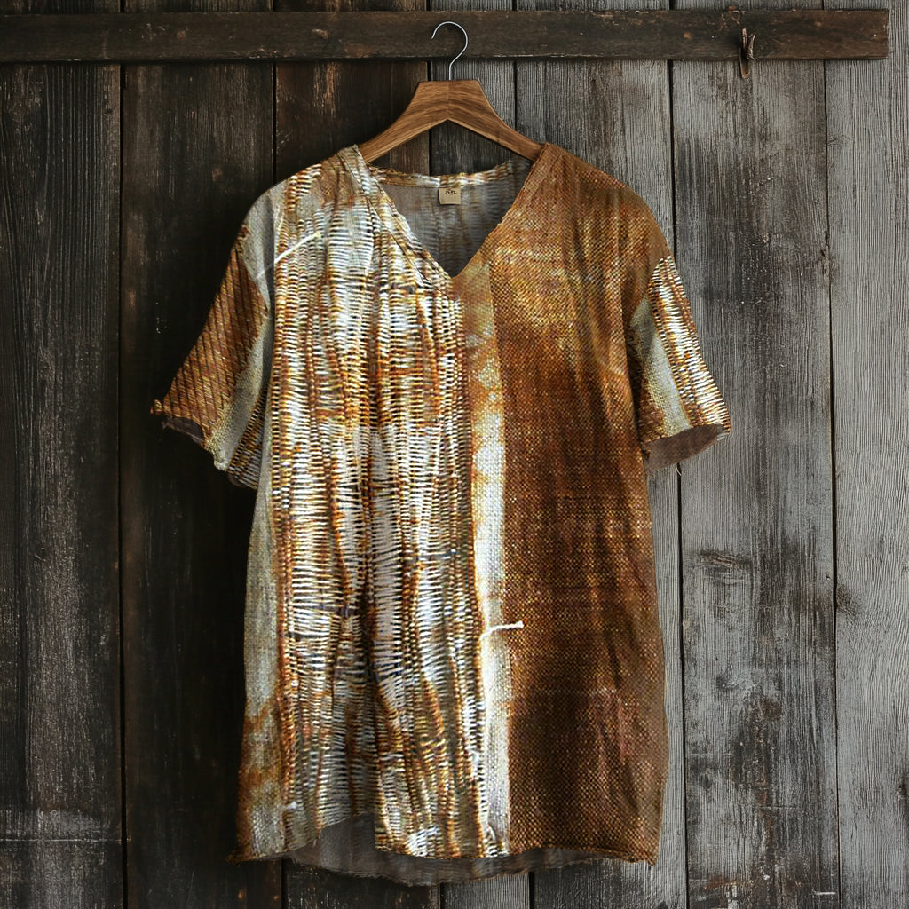 Women's Vintage Rust Dyed Art Print V-neck Linen Blend T-shirt artswardrobe