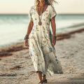 Vintage Floral Print Short Sleeved Linen Blend Midi Dress artswardrobe