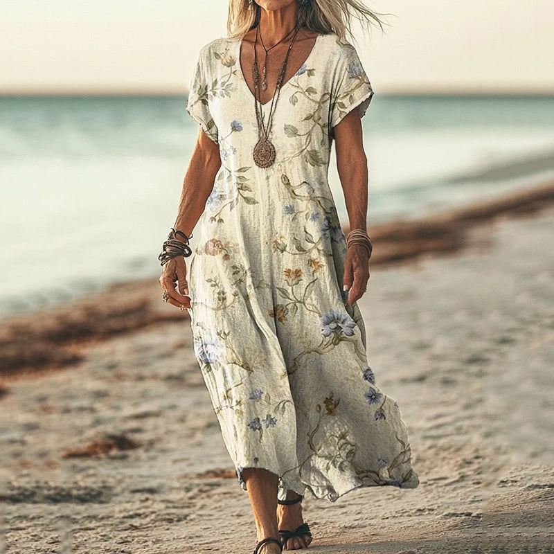 Vintage Floral Print Short Sleeved Linen Blend Midi Dress artswardrobe