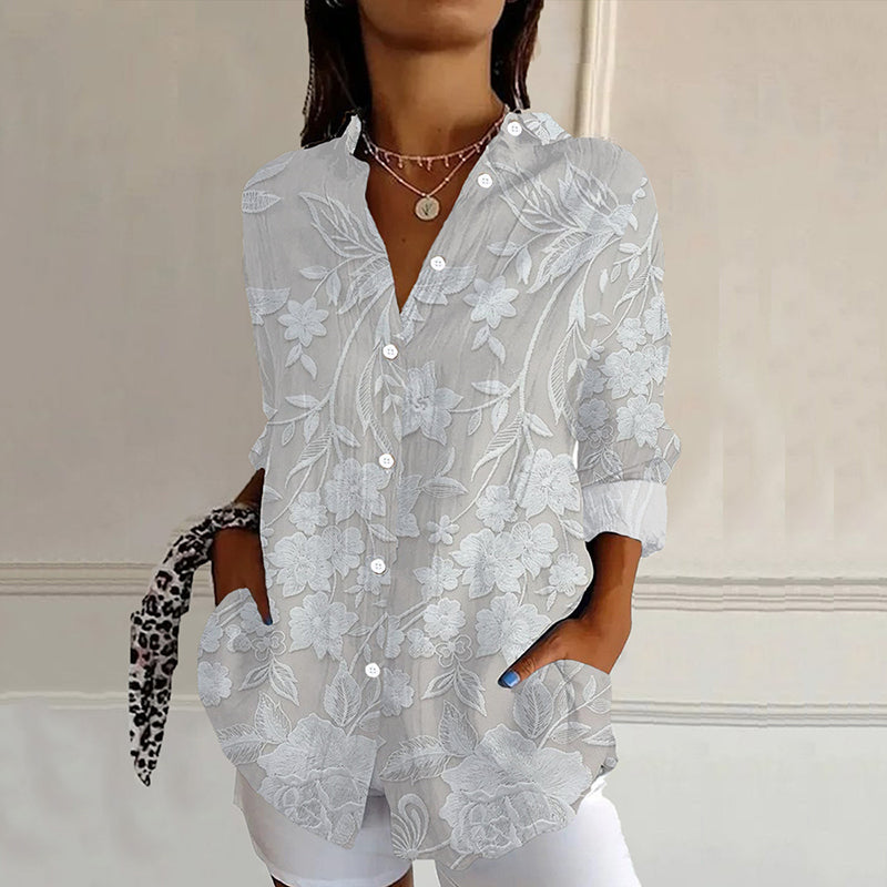 Comstylish Embroidered Floral Print Long Sleeved Casual Shirt
