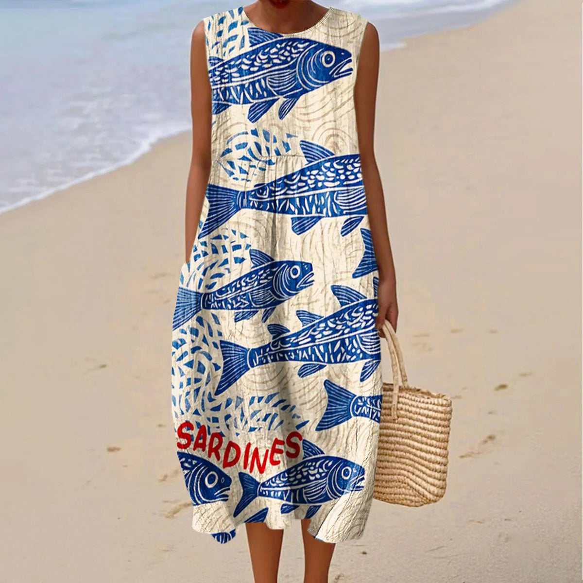 Comstylish Women's Vintage Fish Sardines Art Print Cotton Casual Sleeveless Dress