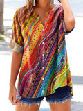 Women's Colorful Line Art Print Short Sleeve Cotton and Linen Shirt