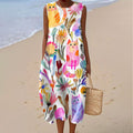 Women's Vintage Floral Cat Art Print Sleeveless Wrap Dress artswardrobe