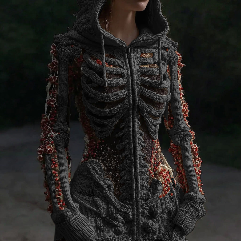 Comstylish Women's Halloween Anatomy Art Colorblock Knit Zipper Cardigan Sweater