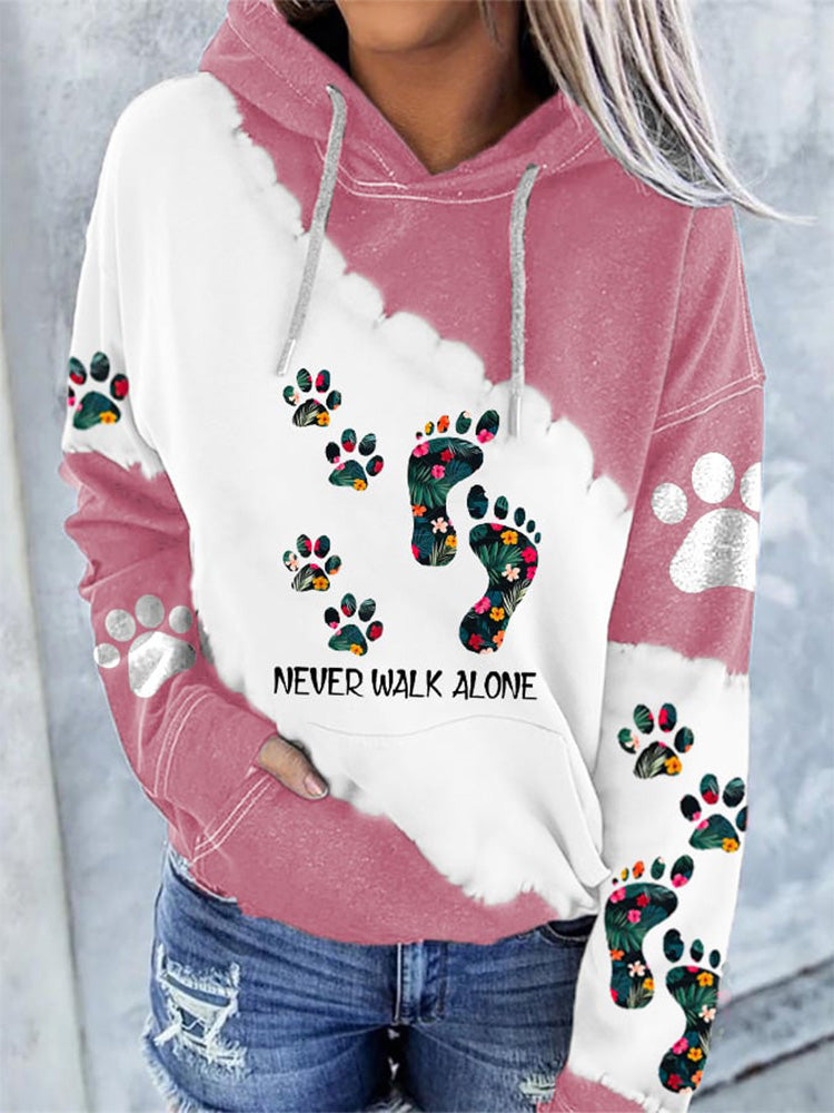 Comstylish Women's Never Walk Alone Floral Foot Dog Print Pocket Casual Hoodie