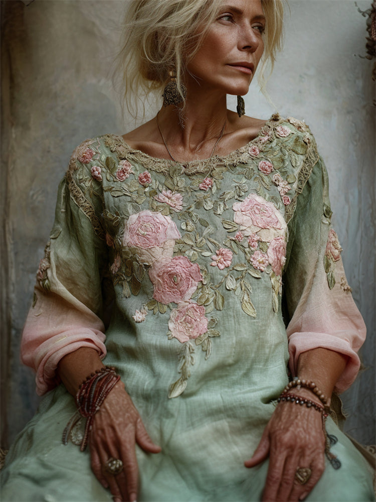 Vintage Forest Pink Roses Gradient Linen Maxi Dress