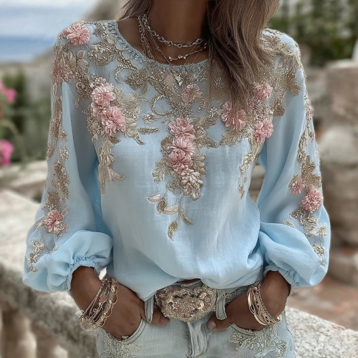 Comstylish Women's Vintage Pink Rose Embroidery Art Round Neck Long Sleeve Linen Blend T-shirt