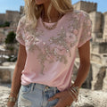Women's Vintage Pink Flower Embroidery Art Short Sleeve Linen Blend T-shirt artswardrobe