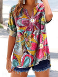 Women's Patchwork Ethnic Floral Art Print Casual Cotton And Linen Shor