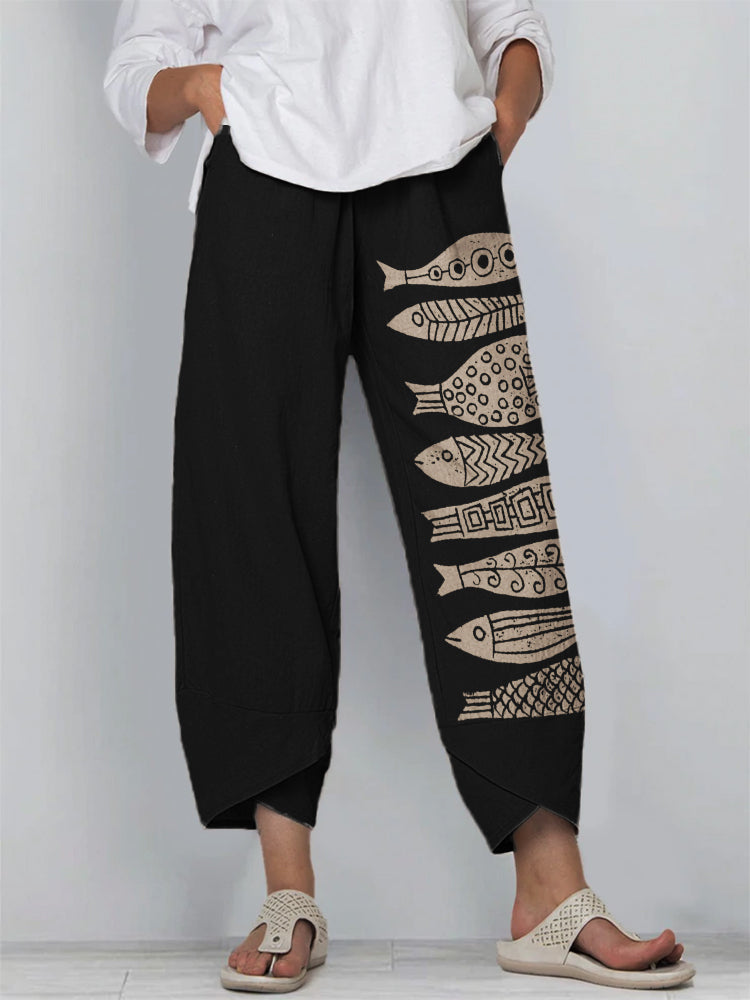 Comstylish Fish Japanese Lino Art Linen Blend Cropped Pants