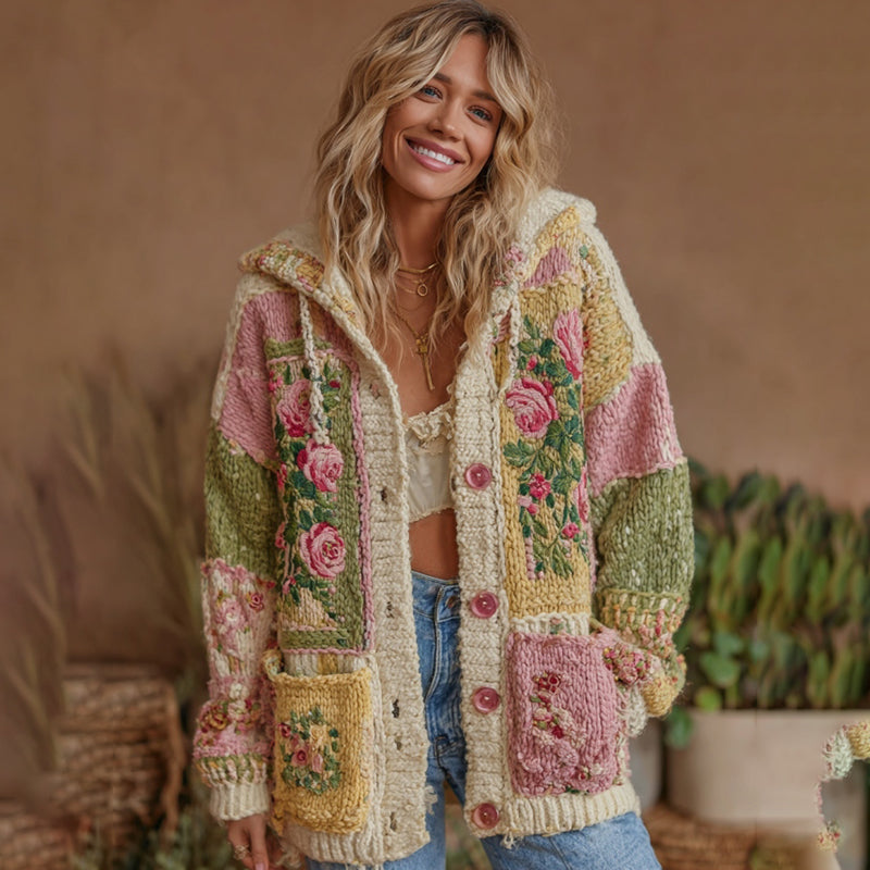 Comstylish Women's Vintage Patchwork Floral Art Hooded Cardigan