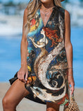 Retro Mermaid and Fish Women's Print Casual Cotton And Linen 3/4 Sleeve Shirt