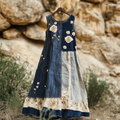 Women's Vintage Floral Denim Blue Patchwork Sleeveless Dress artswardrobe
