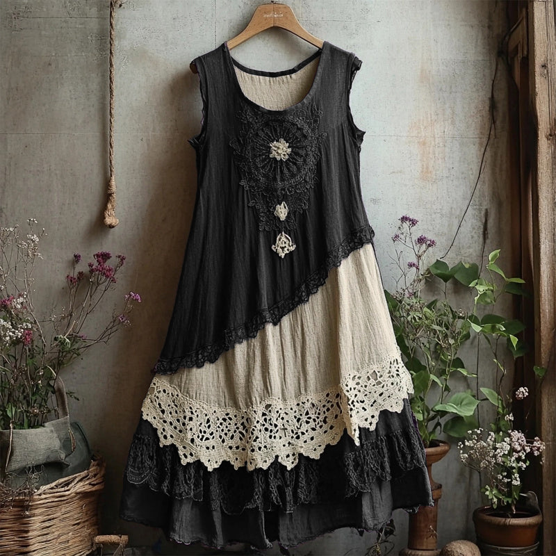 Retro Lace Patchwork Comfy Linen Tank Dress artswardrobe