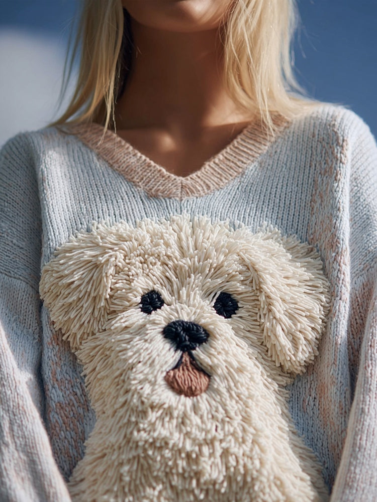 Comstylish Cute Fuzzy Dog Embroidered V Neck Cozy Sweater