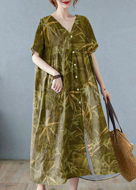 Grey Retro Button Summer Print Half Sleeve Maxi Dress