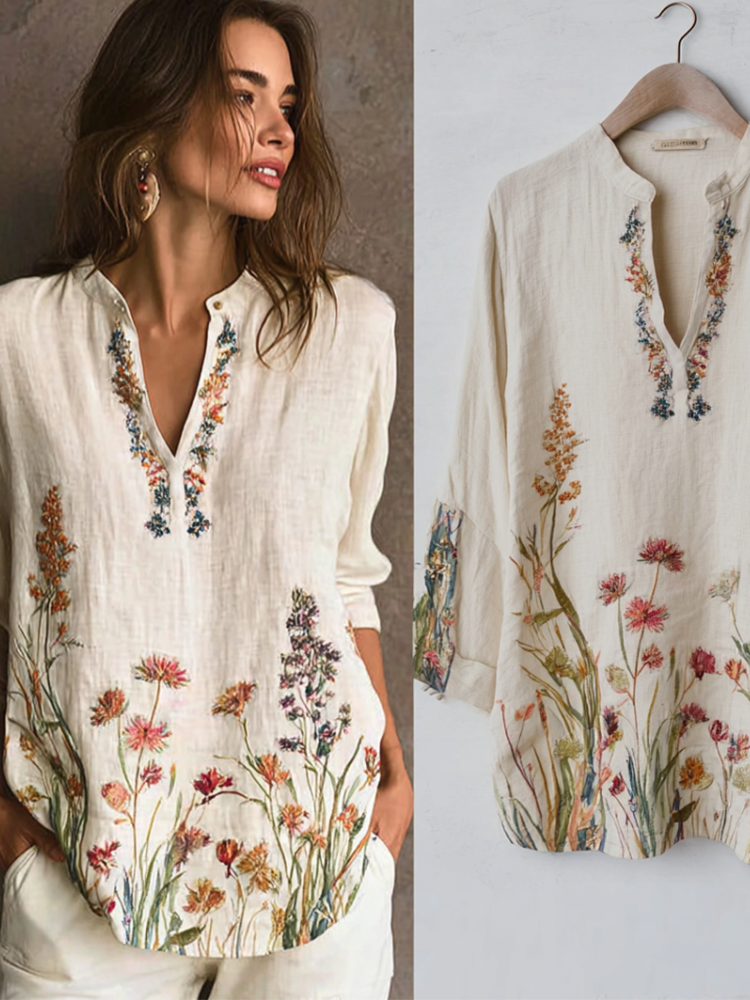 Bohemian Style Plant And Flower Elements Cotton And Linen Material Women's Shirt artswardrobe