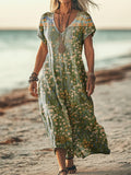 Women's Vintage Floral Art Print Pocket Cotton Dress