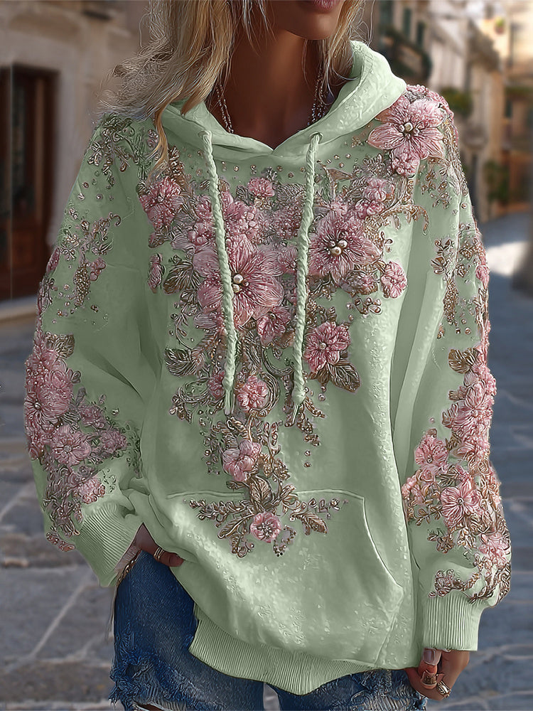 Women's Classic Floral Embroidery Art Comfy Hoodie artswardrobe