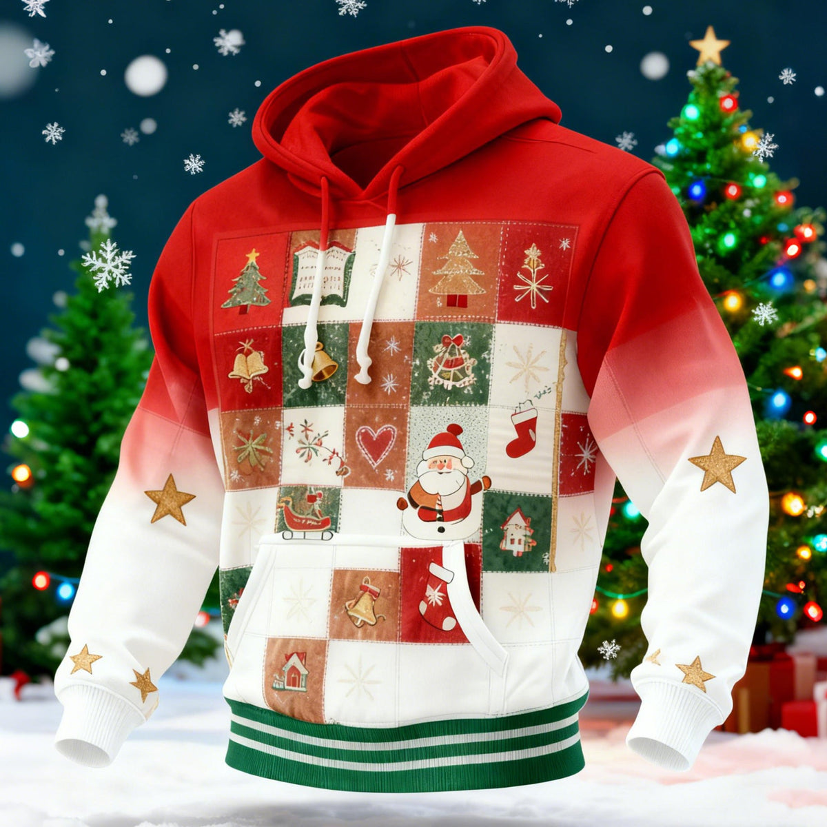 Comstylish Men's Christmas Patchwork Print Casual Hoodie