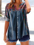 Women's Vintage Floral Pattern Art Print Casual Cotton Linen Shirt