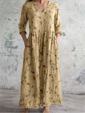 Women's V-neck Elegant Simple Floral Pattern Cotton And Linen Dress Wi
