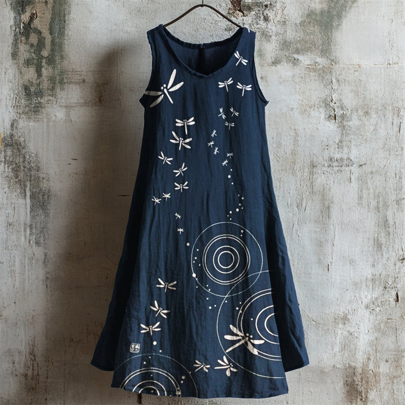 Comstylish Dragonflies & Ripples Japanese Art Linen Tank Dress