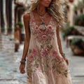 Women's Vintage Rose Embroidery Art Comfy Linen Tank Dress artswardrobe