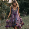 Women's Vintage Floral Embroidery Art Sleeveless Dress artswardrobe