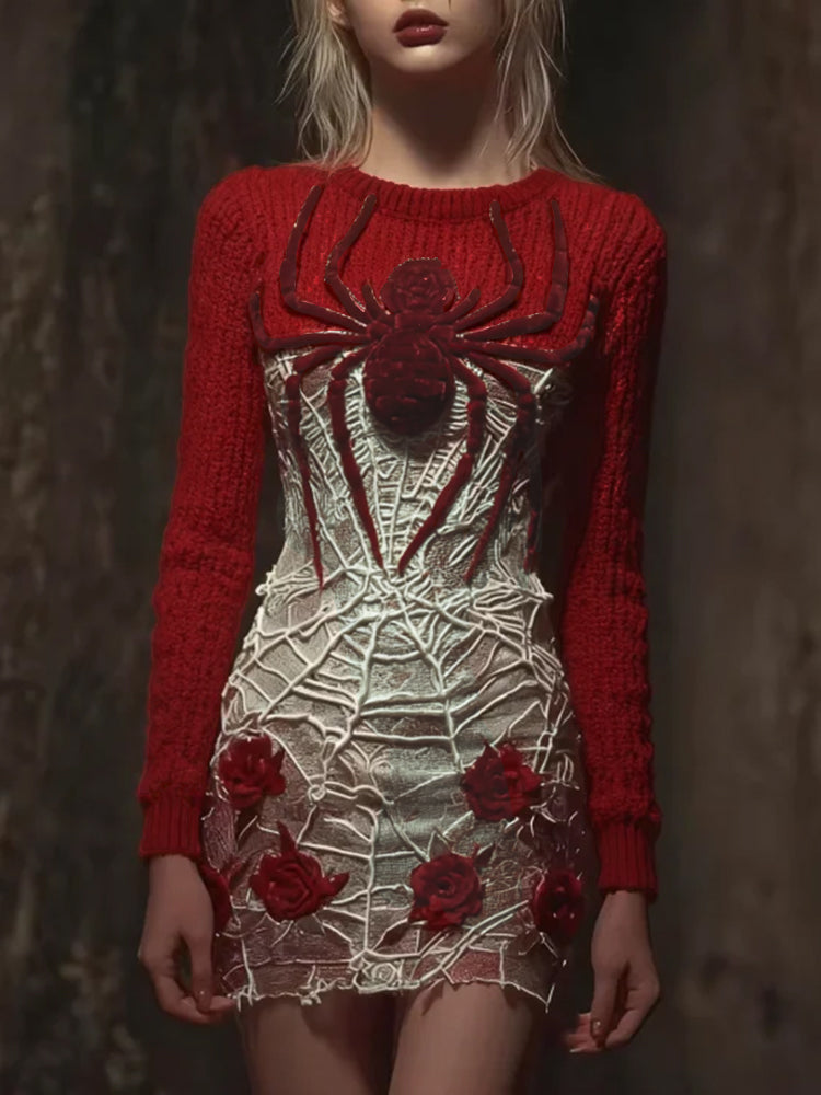 Comstylish Women Halloween Spider And Rose Vintage Knitted Mesh Dress