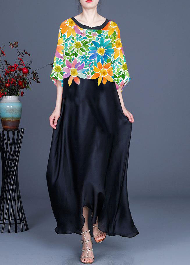 Flower and Bird Pattern Print O-neck Chiffon Summer Dress
