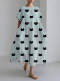 Comstylish Black Cat Japanese Art Linen Blend Maxi Dress