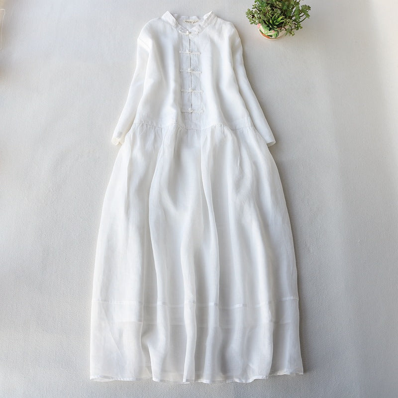 Comstylish Vintage Frog Cotton Linen Long Sleeve Maxi Dress