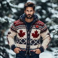 Men's Canadian Maple Leaf Geometric Jacquard Cozy Zip Up Cardigan Sweater elevenforest