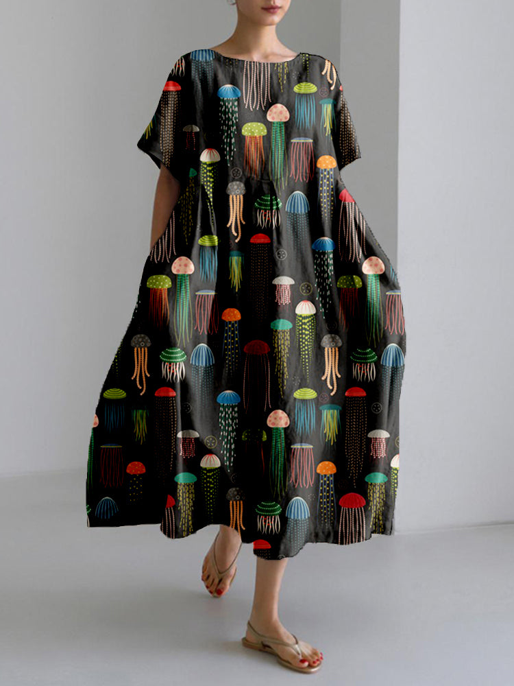 Comstylish Colorful Jellyfish Art Pattern Linen Blend Maxi Dress