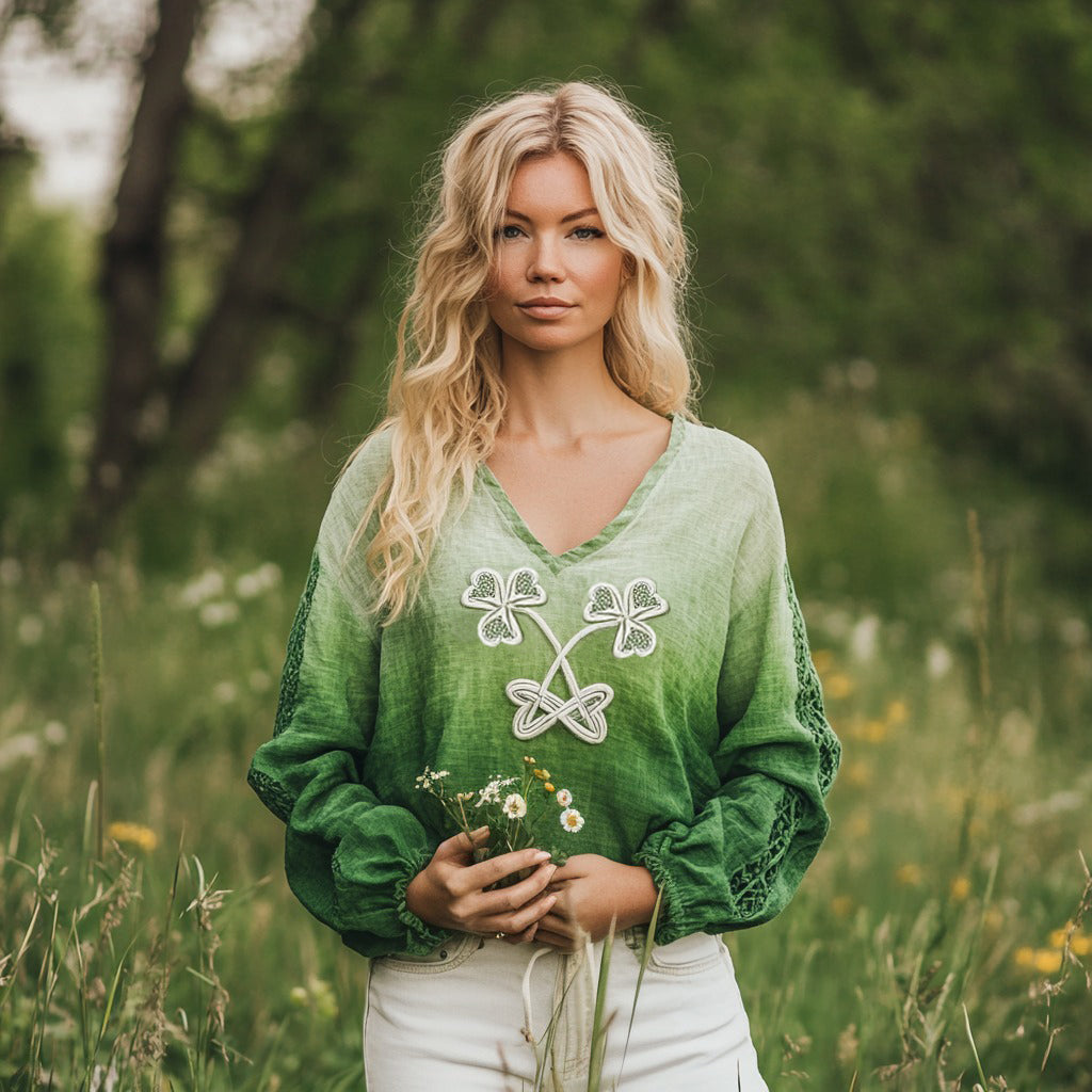 Women's St. Patrick's Shamrock Blend Linen V-neck Shirt artswardrobe