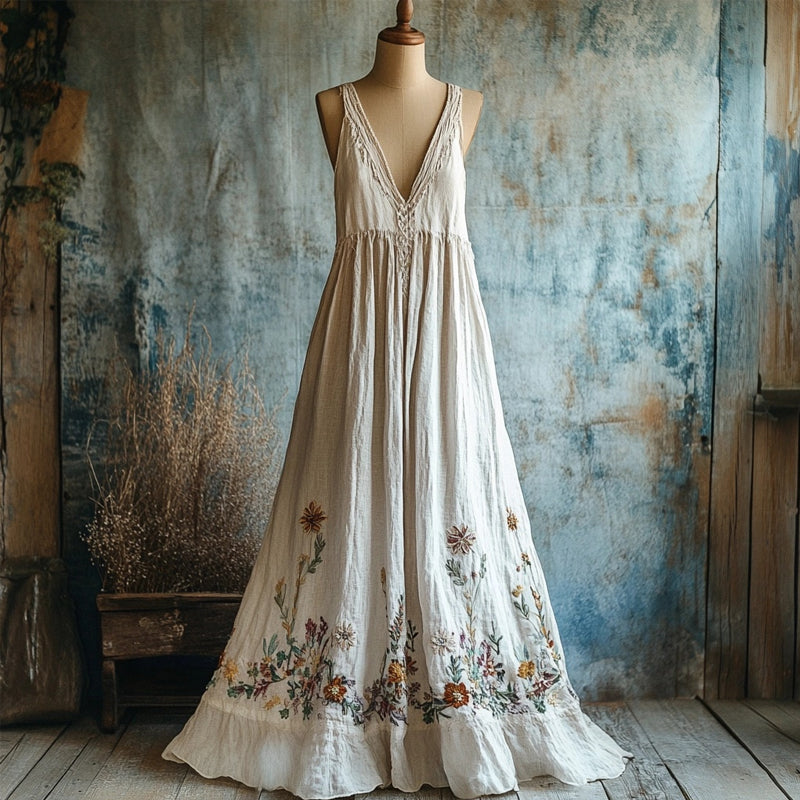 Vintage Boho Floral Embroidered V Neck Linen Maxi Dress artswardrobe