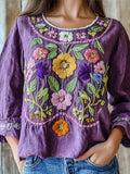 Purple Ethnic Floral Embroidery Vintage Women's Linen Shirt artswardrobe