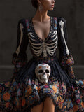 Comstylish Day Of The Dead Skeleton Floral Embroidered Flowy Linen Dress