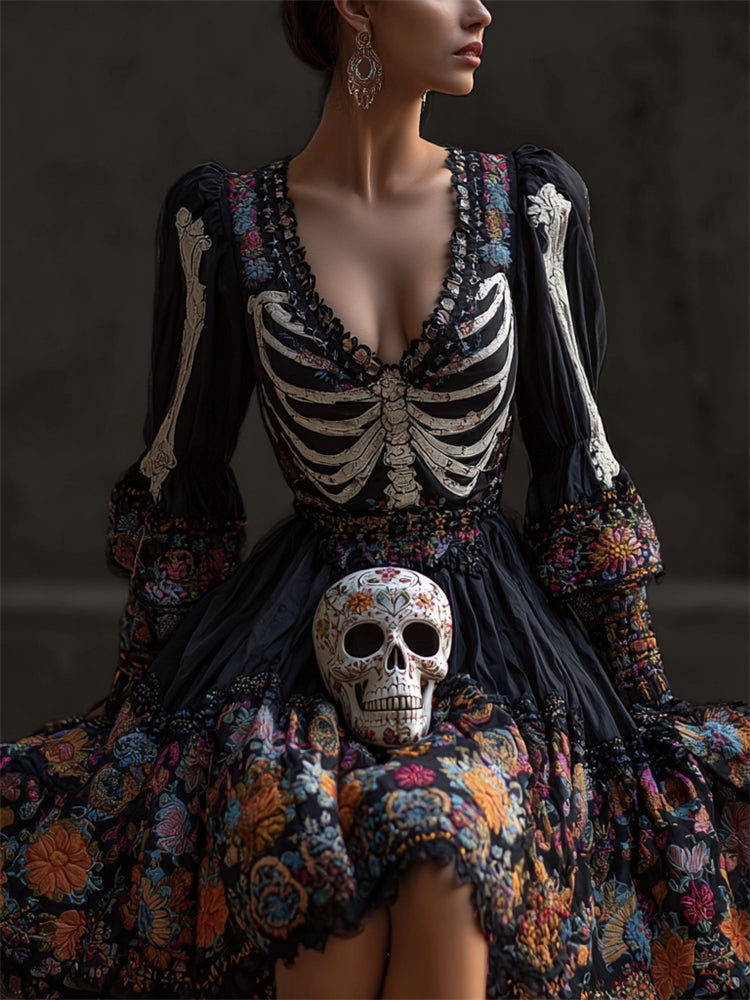 Comstylish Day Of The Dead Skeleton Floral Embroidered Flowy Linen Dress