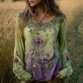 Bohemian Style Embroidered Plant Vitality Round Neck Long Sleeve Casual Vintage Top artswardrobe